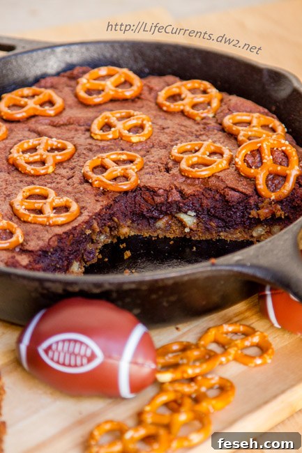 Skillet Brownies with Pretzel Crust in a skillet.