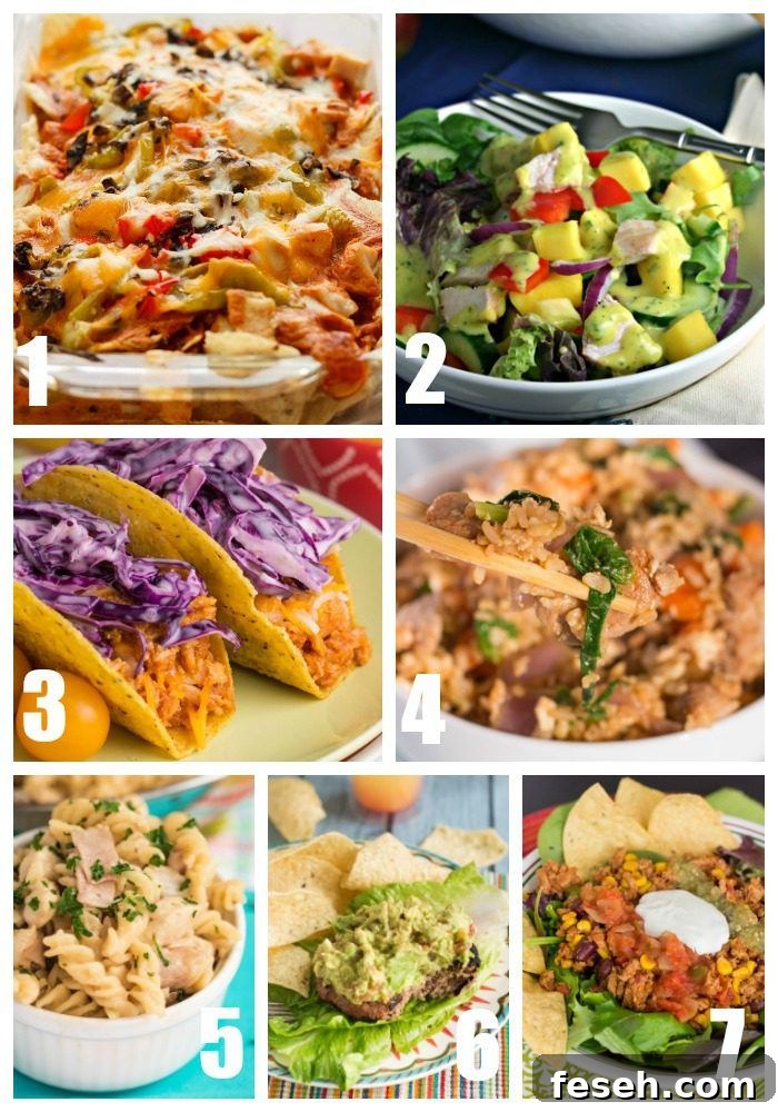 This week's menu of dinner recipes features Mango Chicken Salad, Beef and Black Bean Burgers, BBQ Chicken Tacos, and lots more!