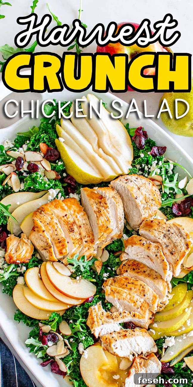 Harvest Crunch Chicken Salad with sliced grilled chicken, apples, pears, kale, almonds, and cranberries on a white platter.