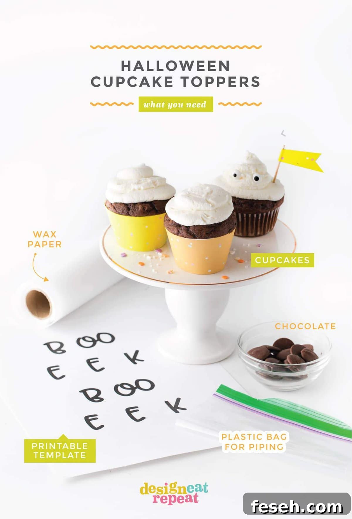 Materials for Edible Halloween Cupcake Toppers. Cupcakes, printable template, wax paper, plastic bag, and chocolate.