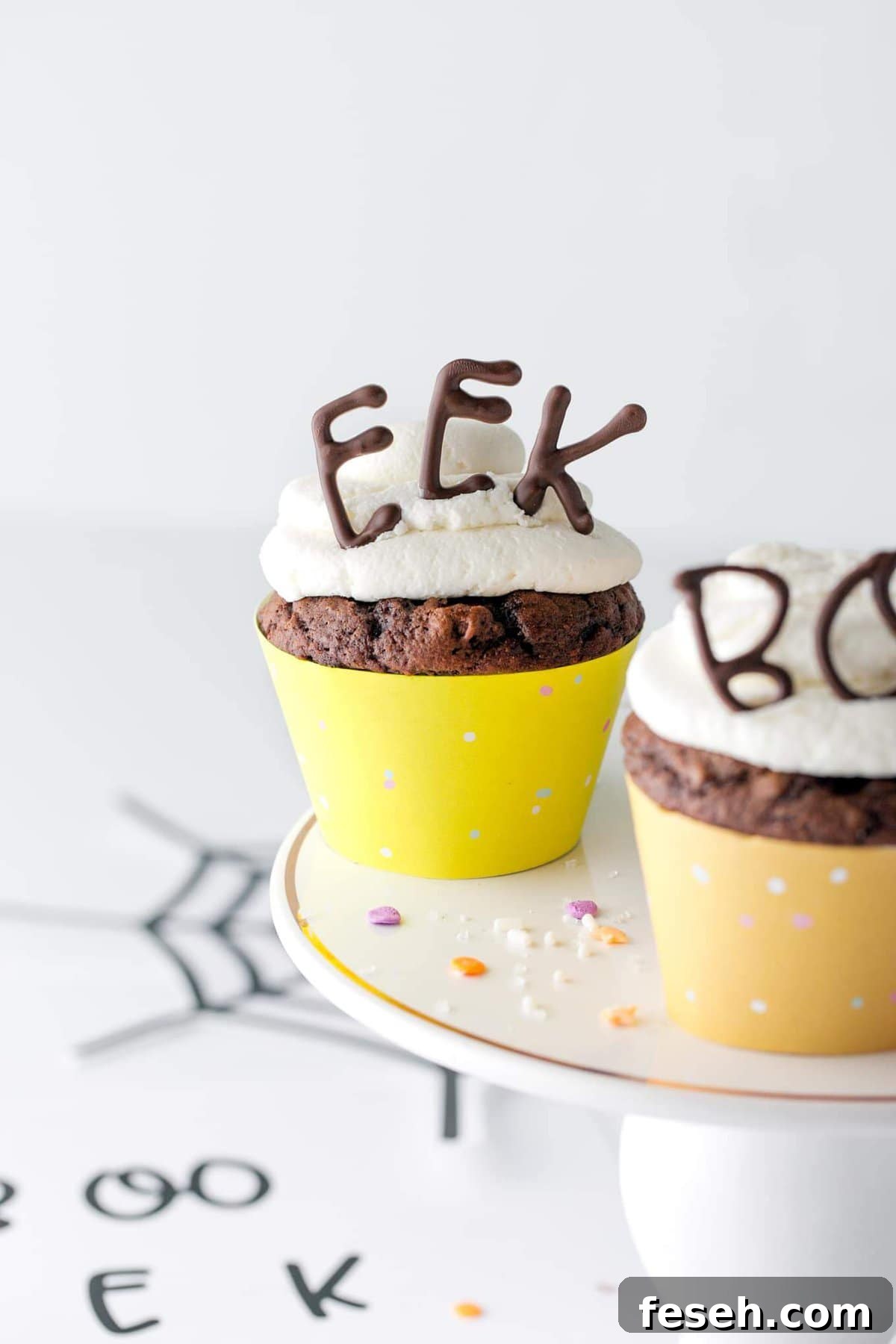 Chocolate cupcake with EEK edible Halloween cupcake topper.