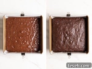 Chocolate banana cake is baked in a square baking pan.