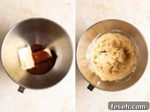 Creaming butter with miso caramel for caramel frosting recipe.