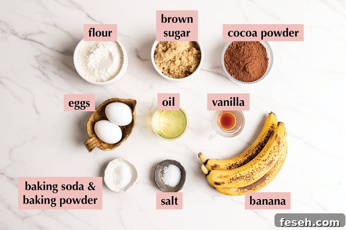 Ingredients for chocolate banana cake recipe.