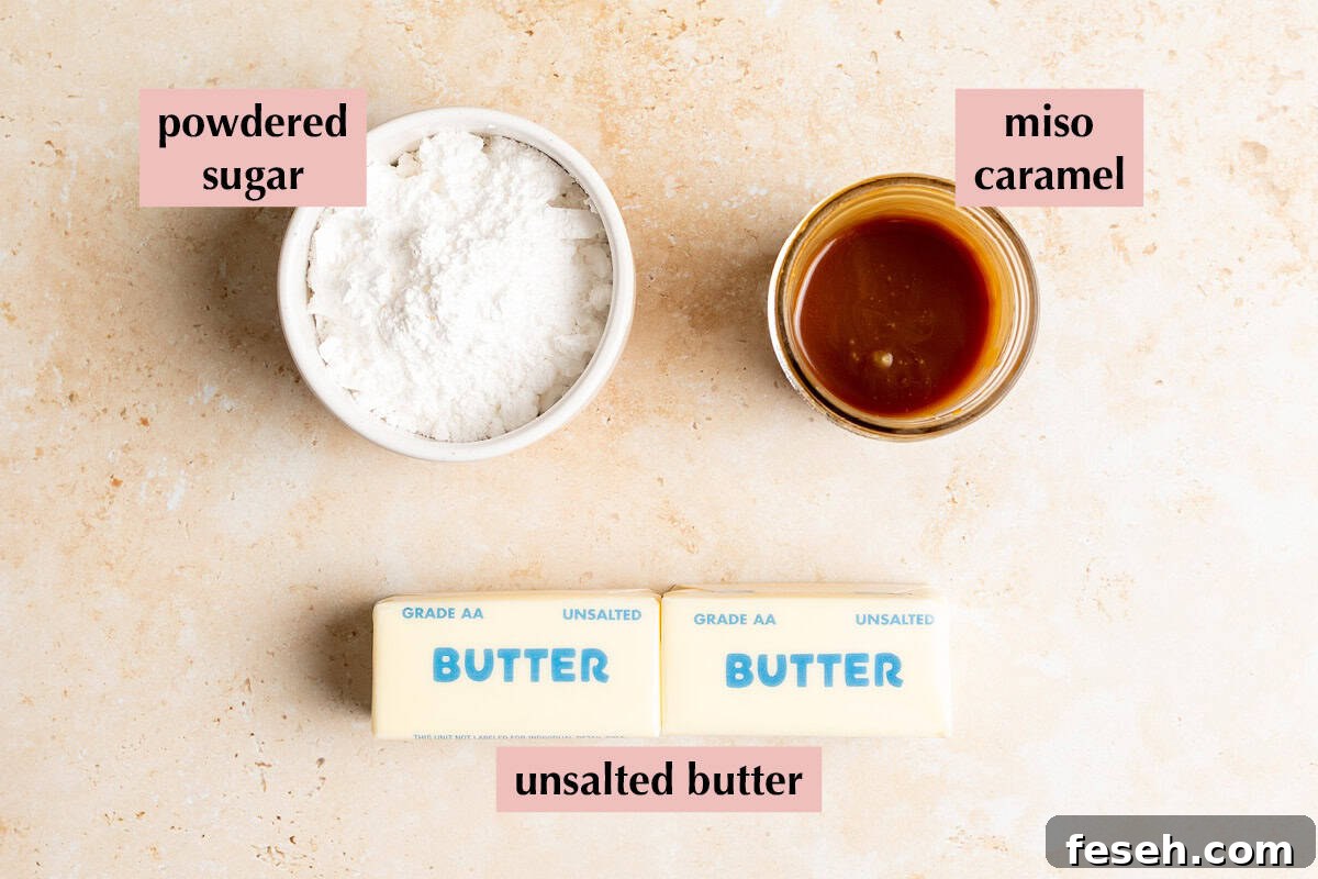 Ingredients for miso caramel frosting recipe.