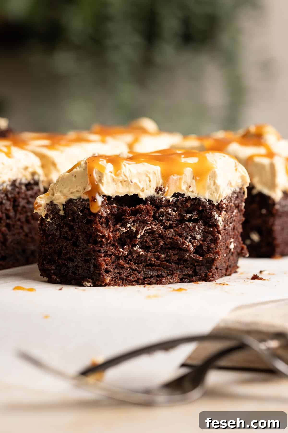 The fluffy interior of a slice of chocolate banana cake.
