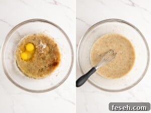 Beat together wet ingredients to prepare chocolate banana cake batter.