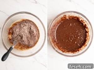 Mix in dry ingredients to make chocolate banana cake batter.