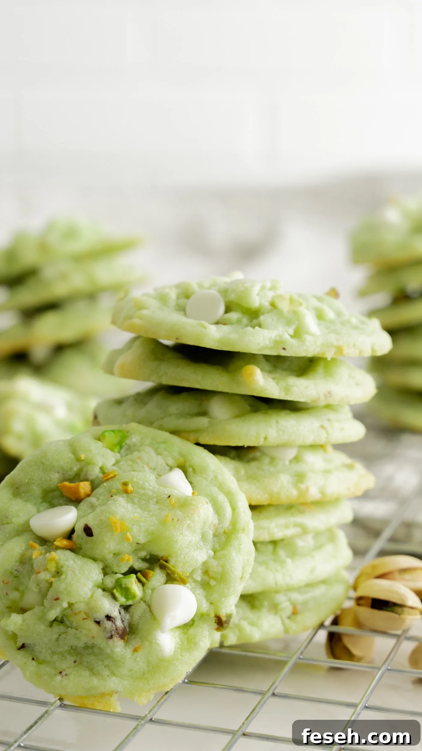 Stack of soft pistachio pudding cookies with white chocolate chips propped in front, sitting on a wire rack.