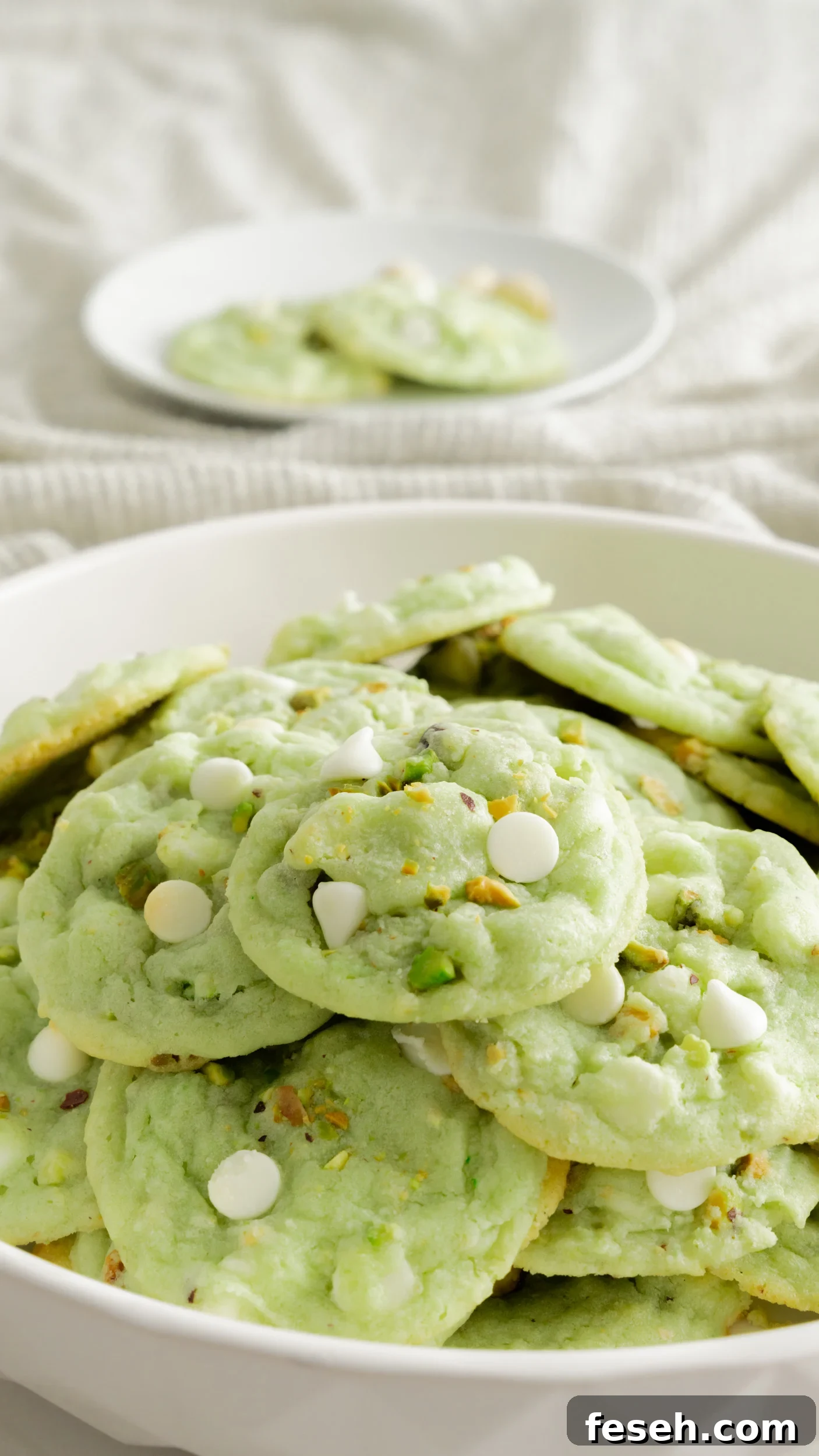 Platter of pistachio cookies in white bowl.
