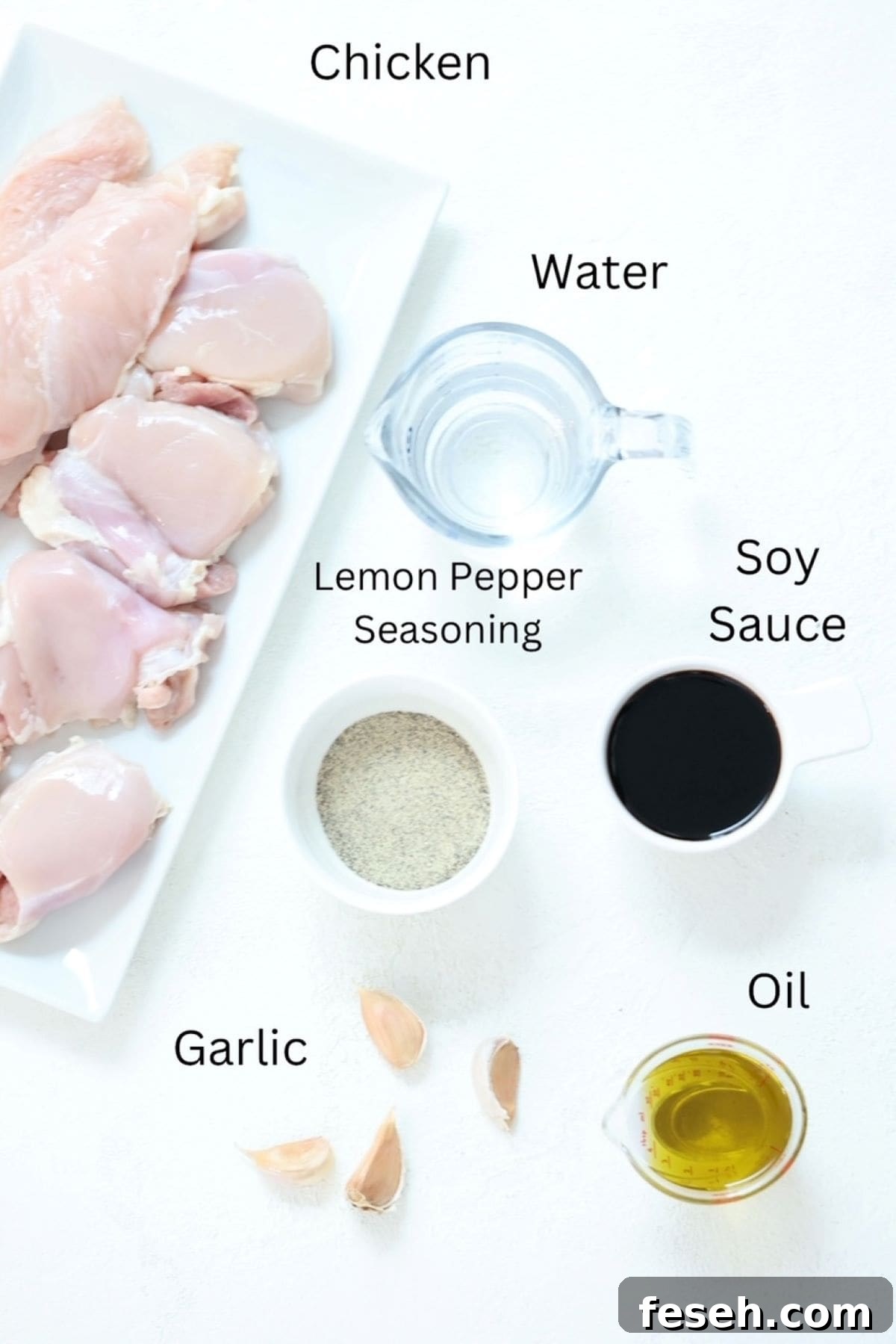 Lemon pepper marinated chicken ingredients, labeled.