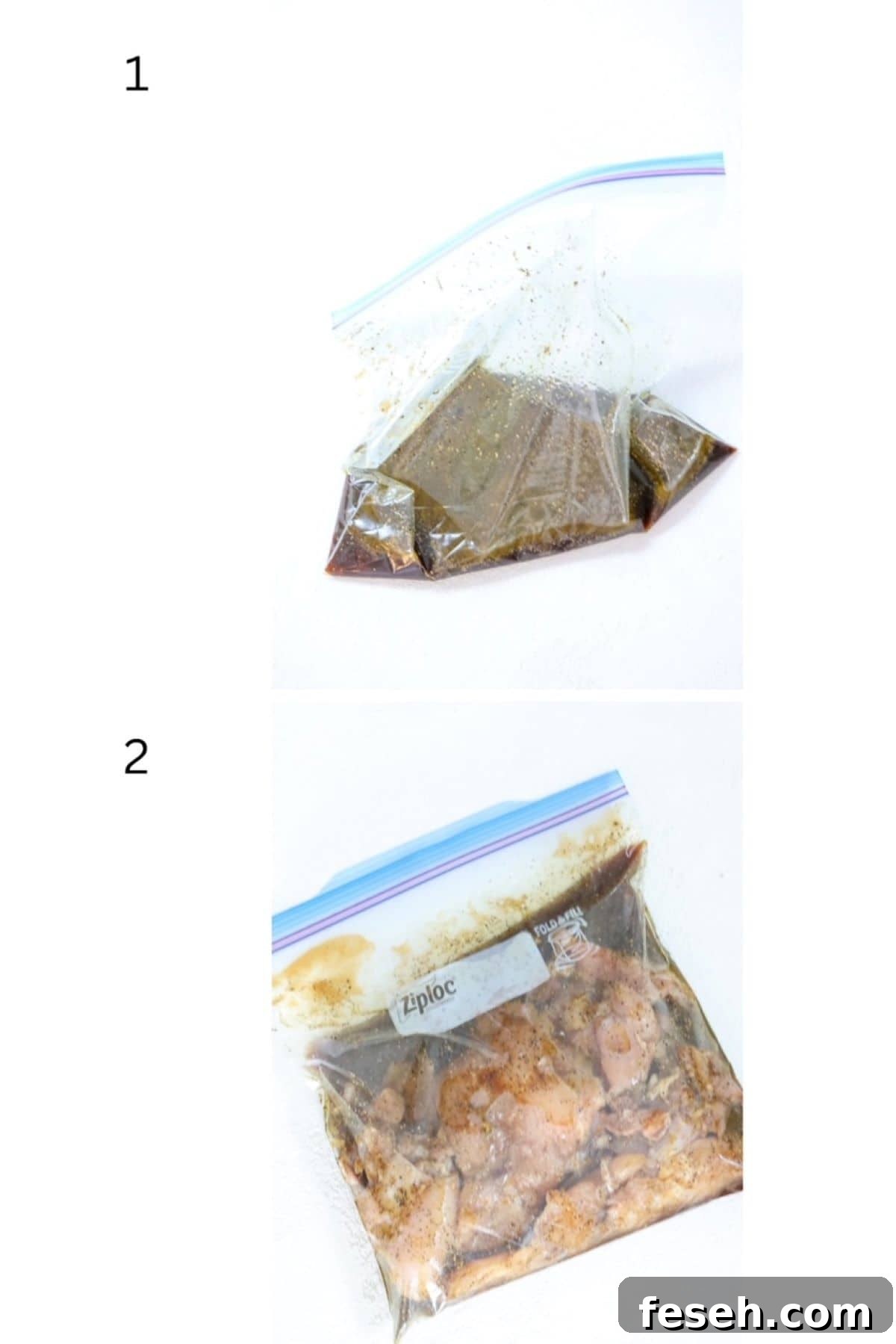 Two numbered images showing a marinade in a zip-lock bag. The top image only has the marinade, the bottom image has chicken in the marinade.