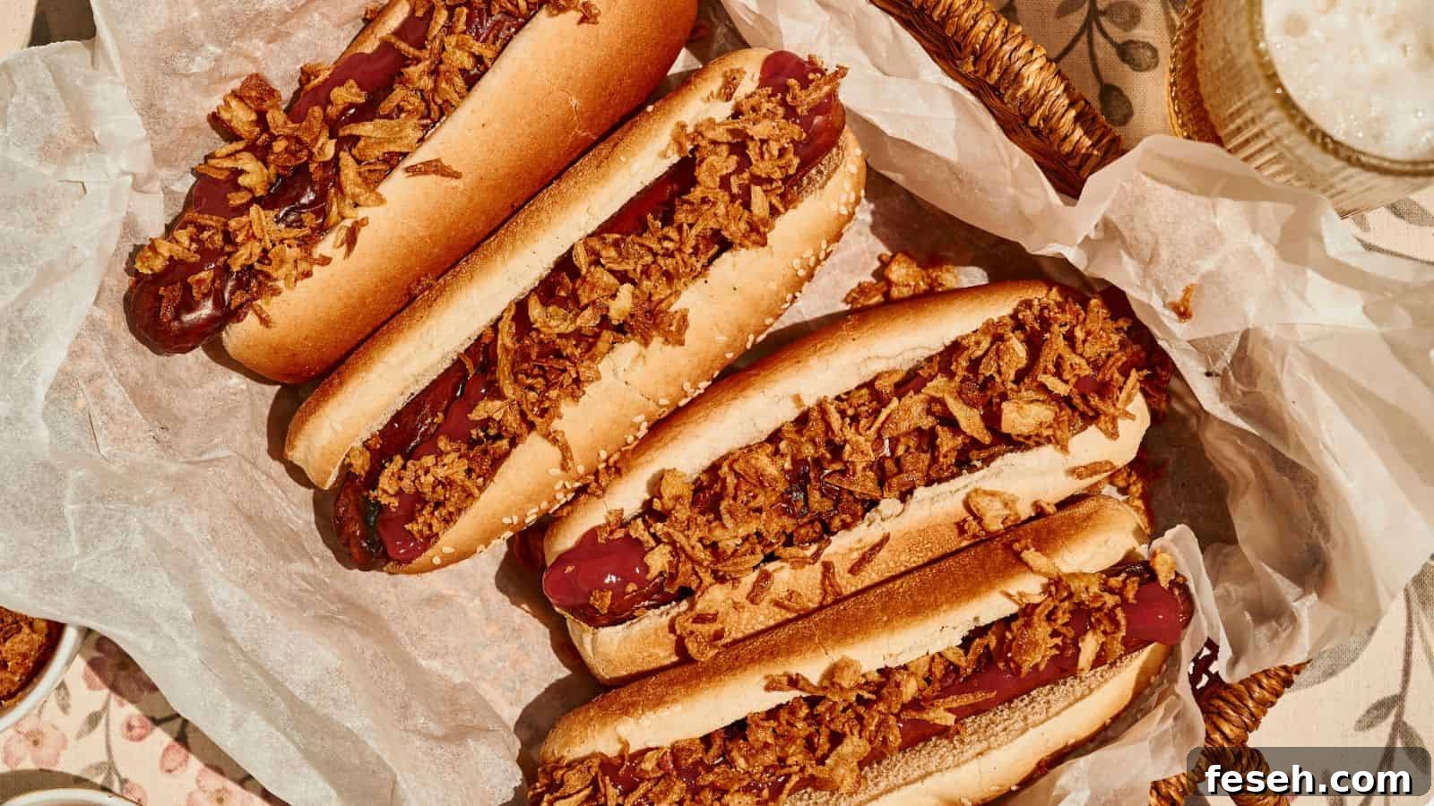 Four hot dogs in buns topped with crispy fried onions are arranged on parchment paper in a basket.