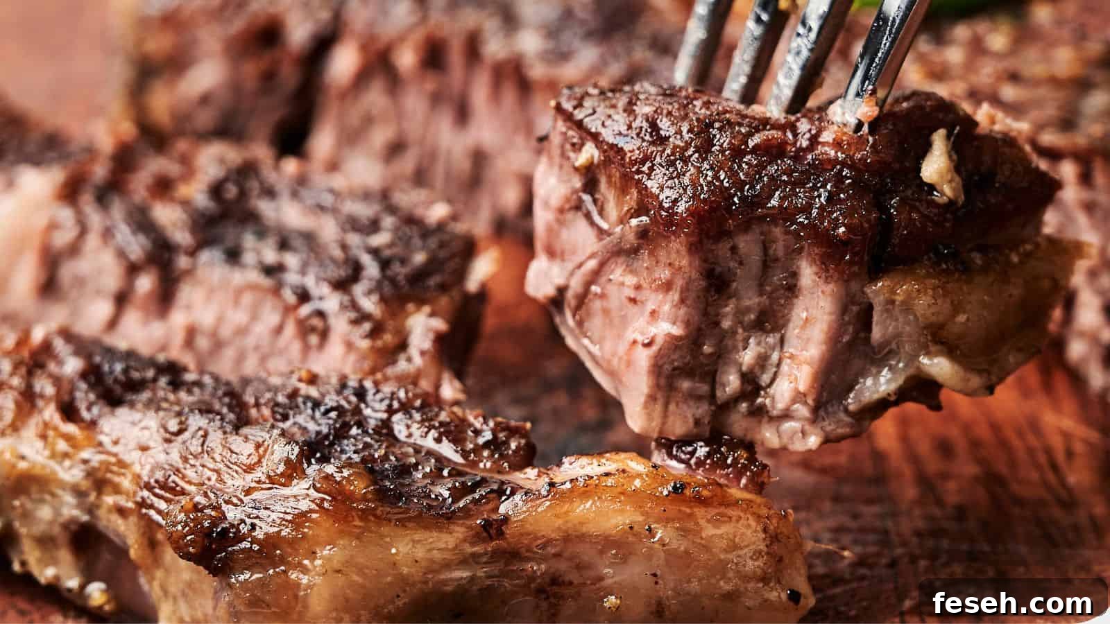 Close-up of cooked beef slices on a wooden board, with a fork holding one piece. The meat appears juicy with a seasoned crust.