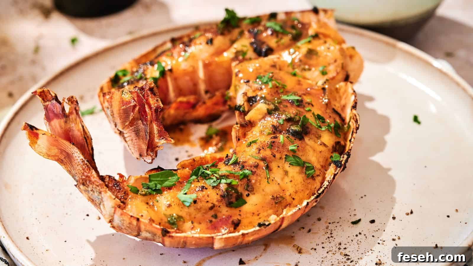 Cooked lobster tail with herbs and seasoning served on a white plate.