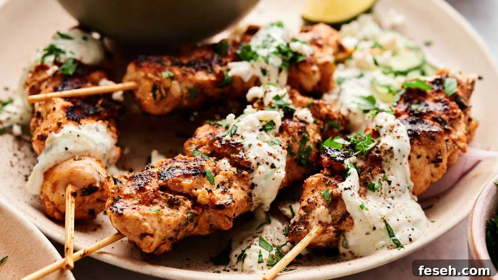 Grilled chicken skewers topped with a creamy white sauce and chopped herbs, served on a plate with sliced vegetables.