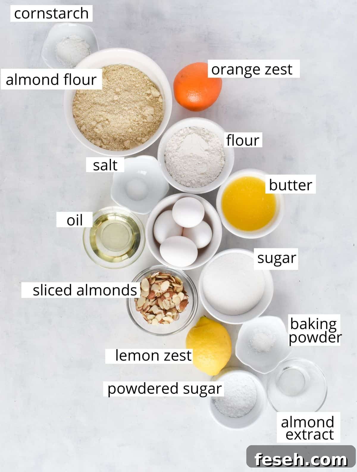 ingredients for italian almond cake laid out. 