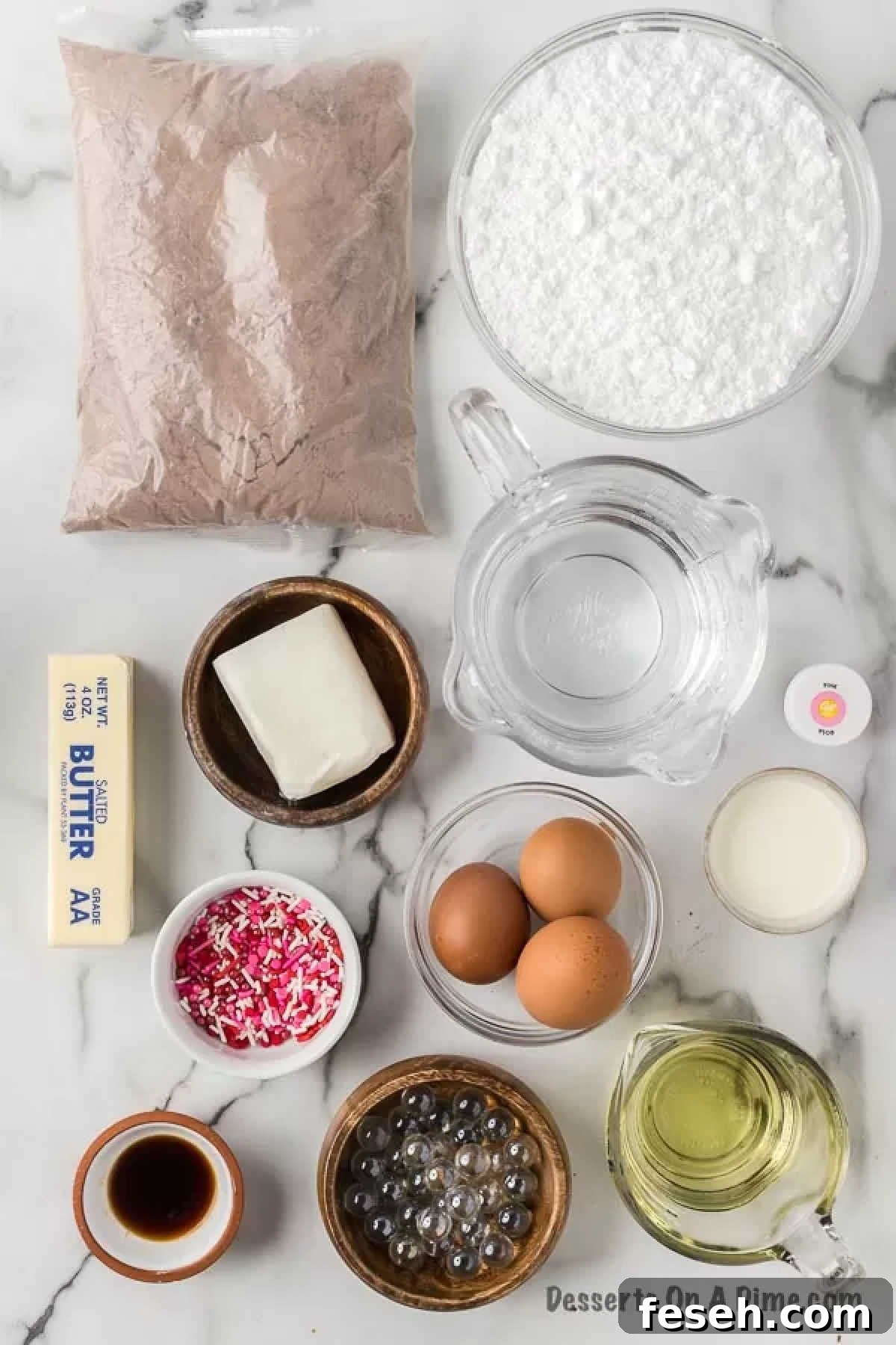 Ingredients for recipe: cake mix, powdered sugar, eggs, oil, butter, seasoning.