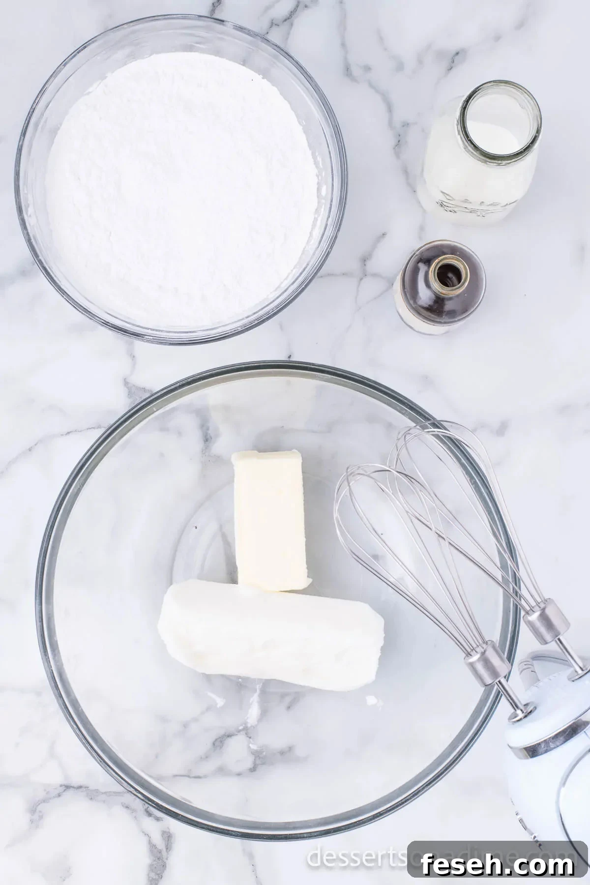 Mixing bowl with butter and cream cheese.