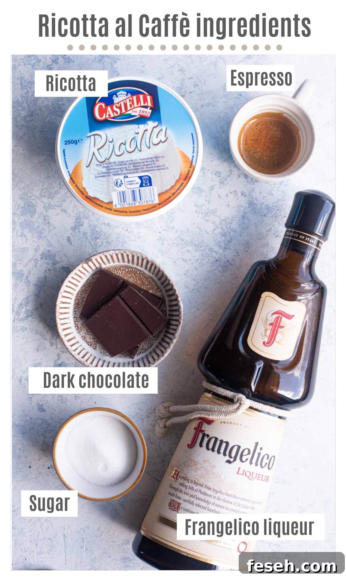An overhead shot of all the ingredients to make ricotta al caffe.