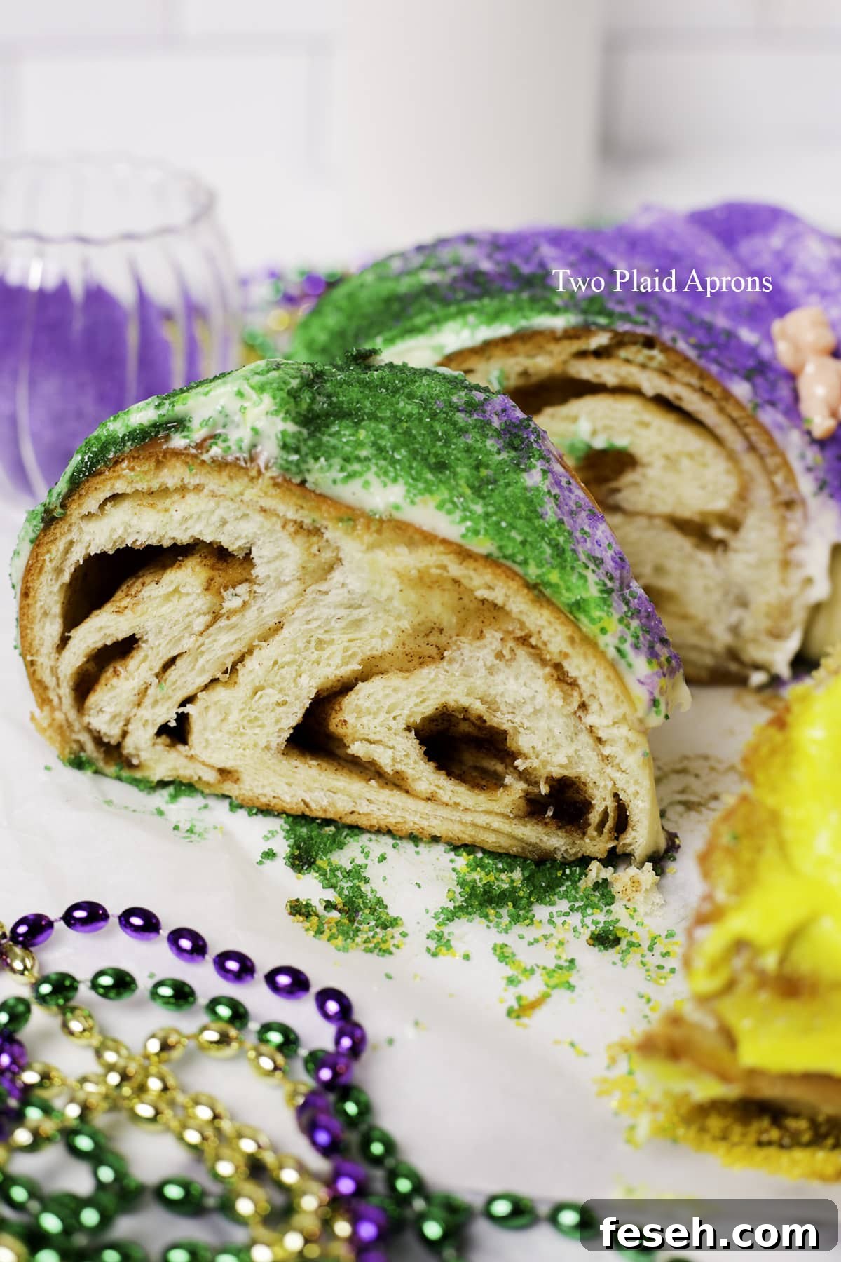 Sliced king cake on plate