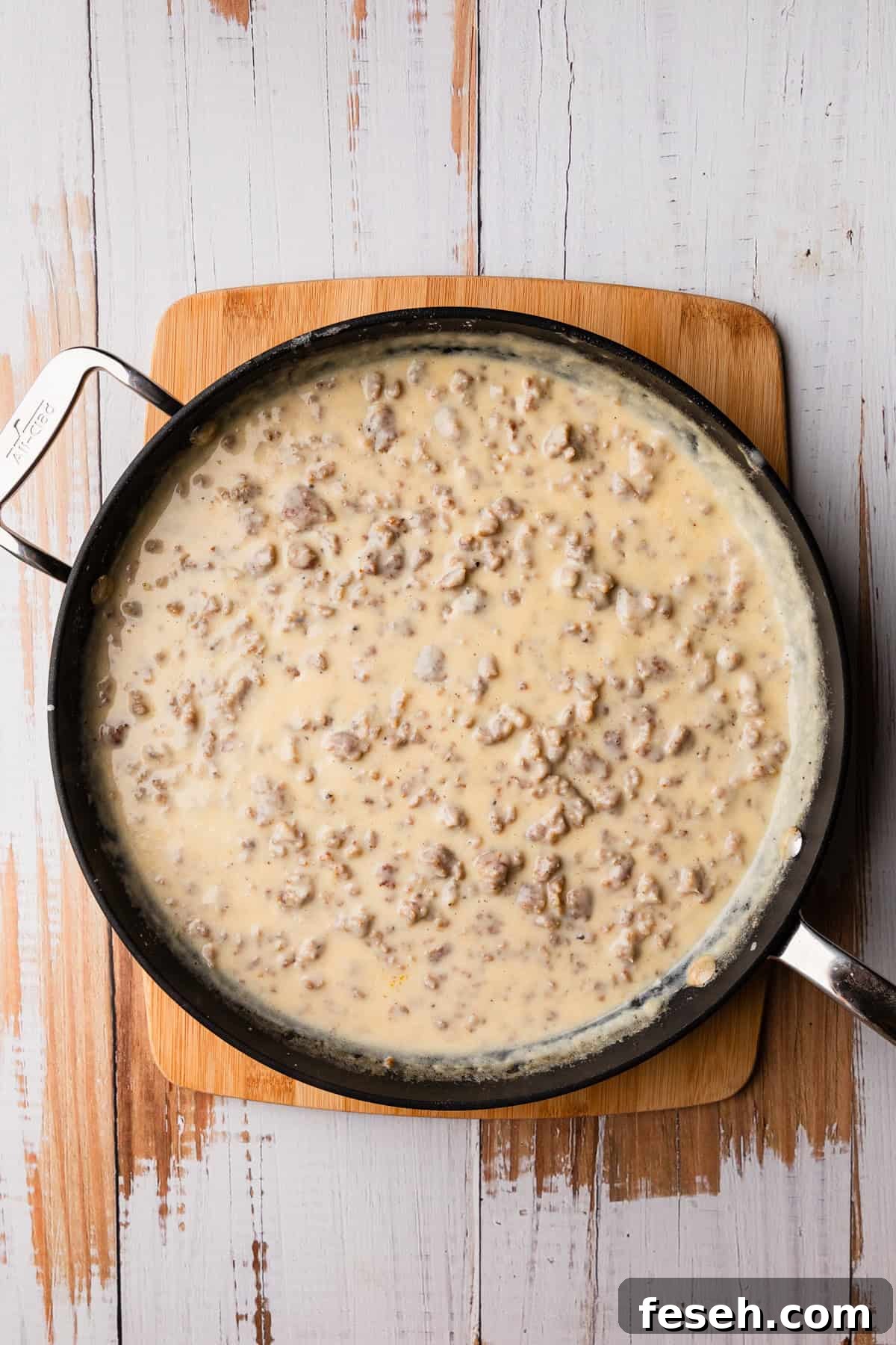 A skillet of sausage gravy.