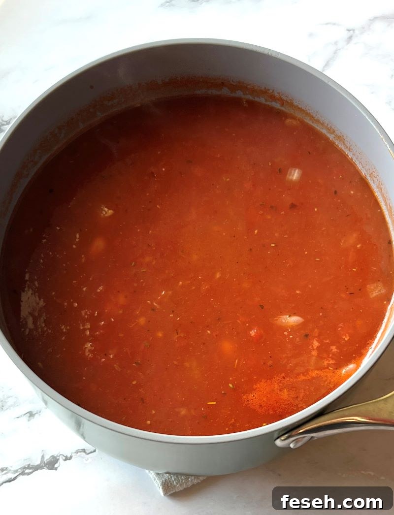 Canned tomatoes, white beans, spices, and onions and garlic in a saucepan.