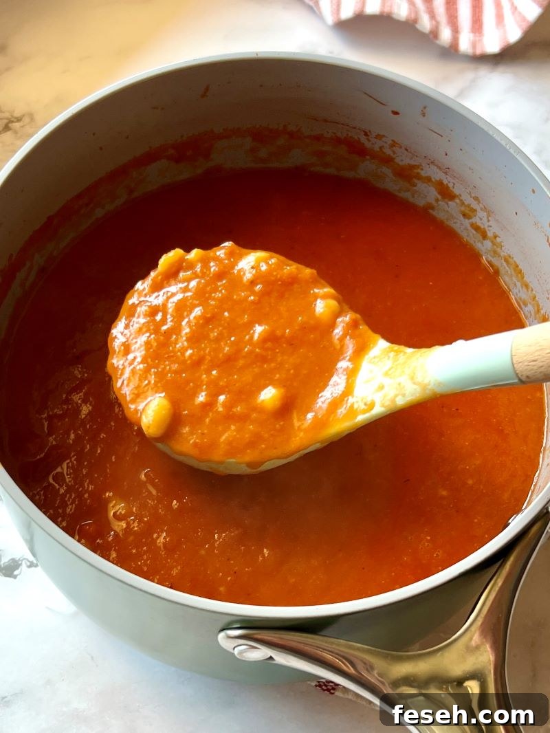 Tomato soup ladled from the saucepan.