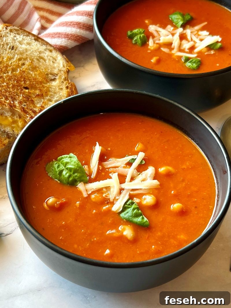 Two bowls and tomato and white bean soup topped with parmesan cheese and fresh basil. 