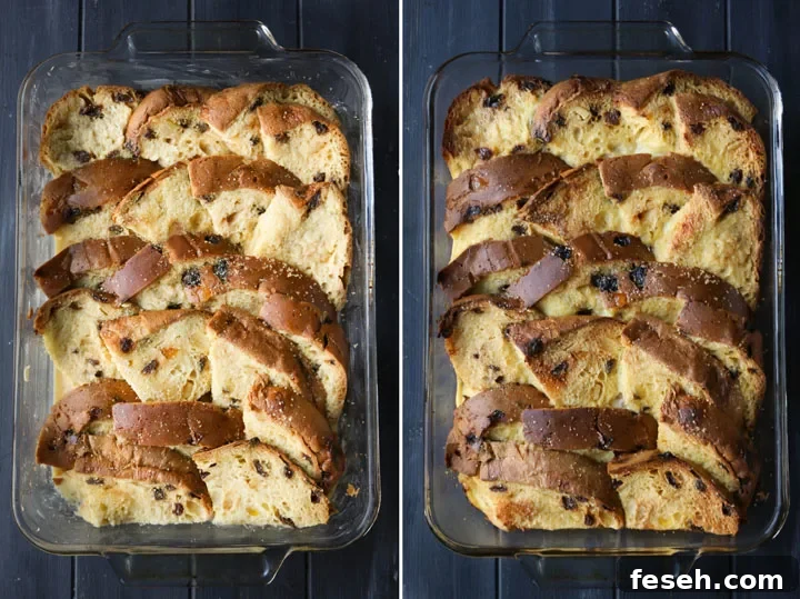 side by side photo of overnight panattone french toast before and after baking