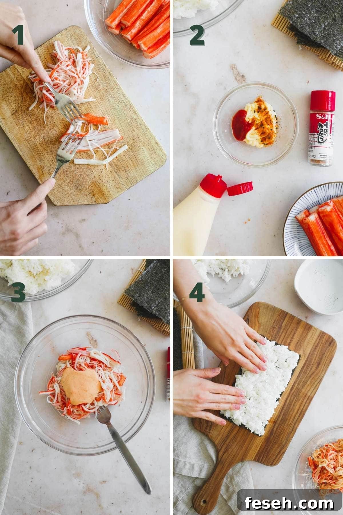 Steps to make spicy kani roll, including shredding the crab, making the spicy kewpie mayo, and mixing it in the crab.