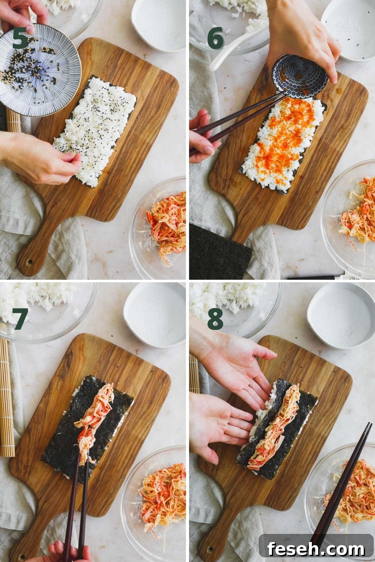 Easy steps to make a spicy kani roll, including adding tobiko or sesame seeds, adding crab mixture, and forming the roll.