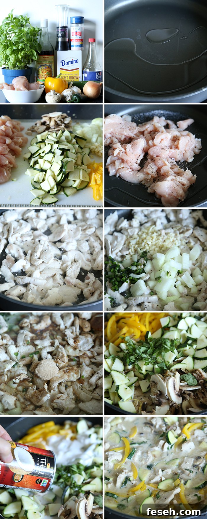 10-photo picture collage of step-by-step photos of how to make Amazing Thai Basil Chicken Curry