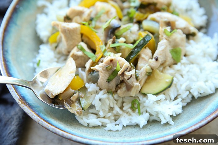 A serving of basil chicken curry on top of rice in a bowl with a spoon inserted on the left.