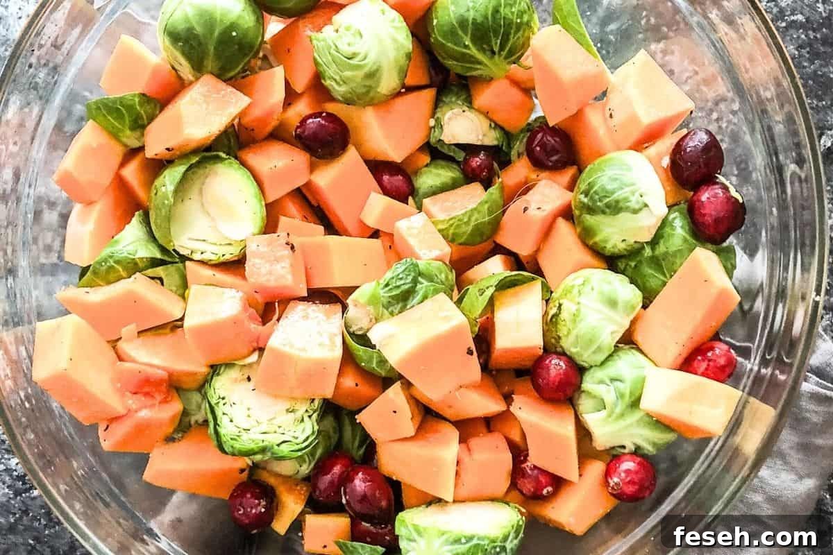 Roasted brussel sprouts in a bowl with cranberries and butternut squash. 