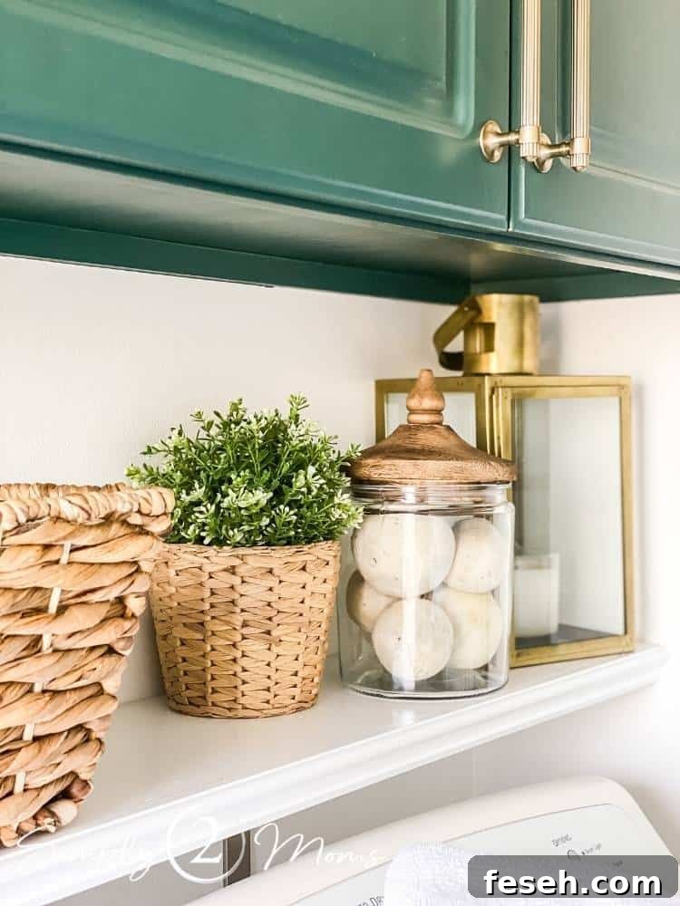 Shelf over washer and dryer with laundry room essentials and faux plants and baskets