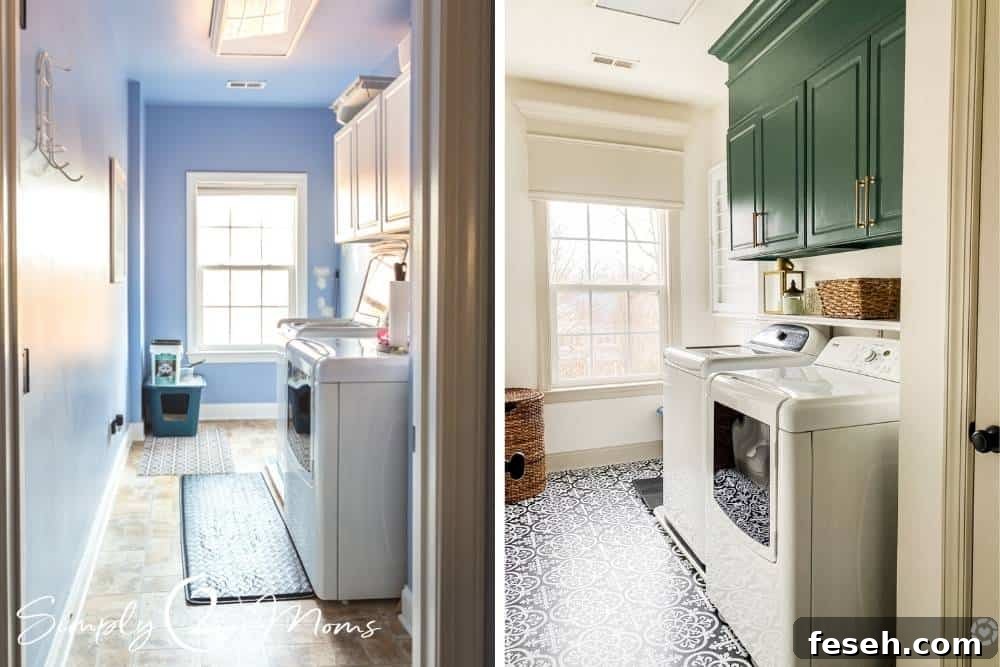 Side by side comparison of a laundry room before and after a makeover
