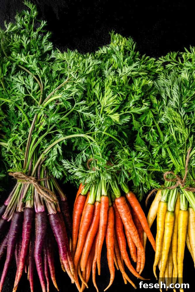 bunches of rainbow carrots - purple, orange, and yellow, with their leafy green tops still on