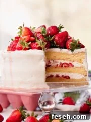 vanilla layered cake filled with white frosting and fresh strawberries