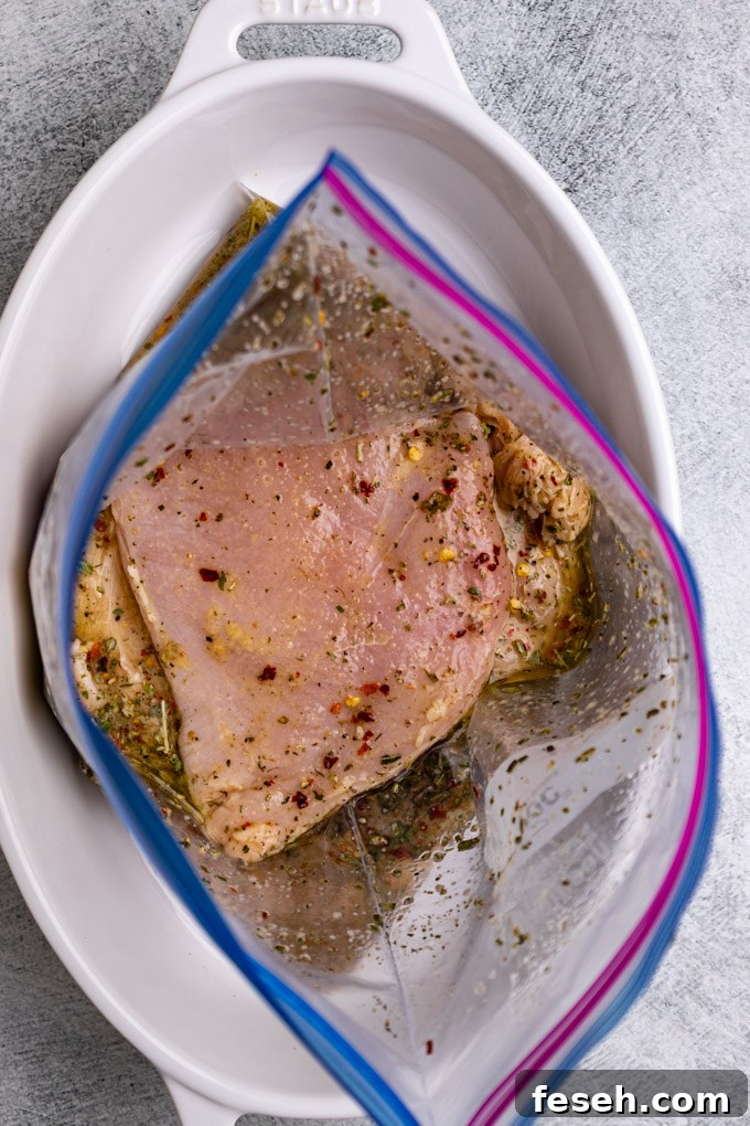 Overhead shot of raw chicken breast in an Italian marinade in a ziplock bag.