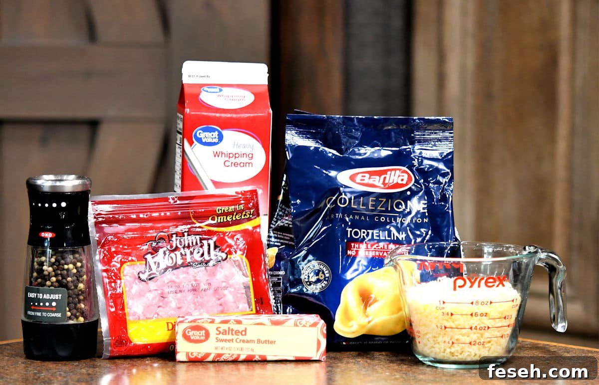 ingredients for tortellini alla panna on a countertop