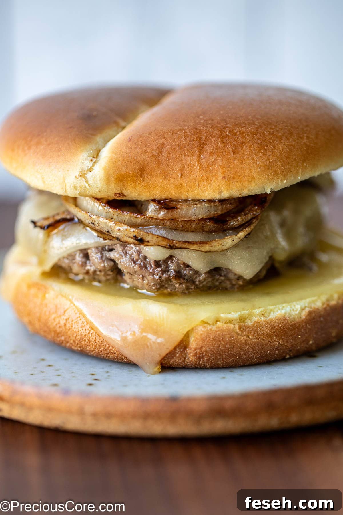 A grilled onion cheddar burger on a plate.