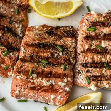 Close up image of grilled salmon.
