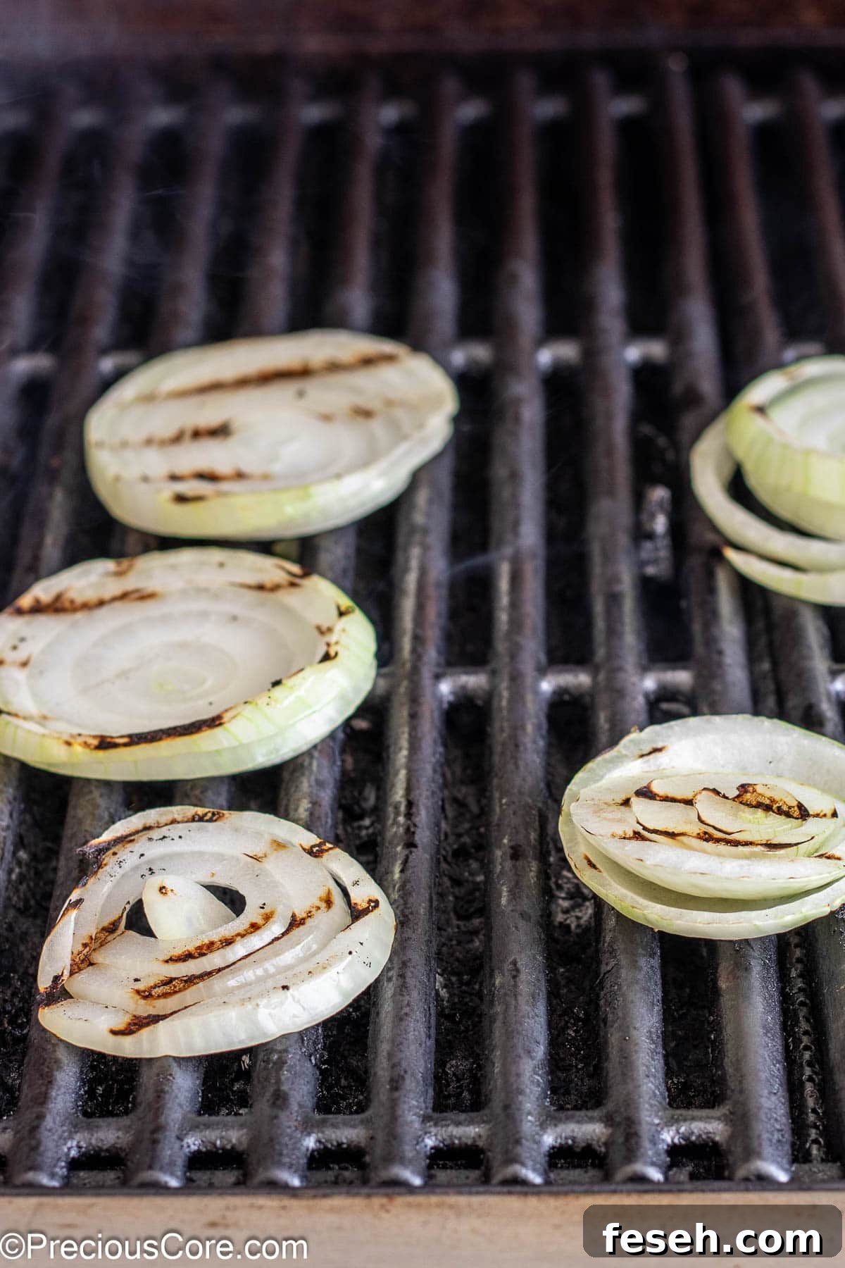 Round slices of onions on a grill.