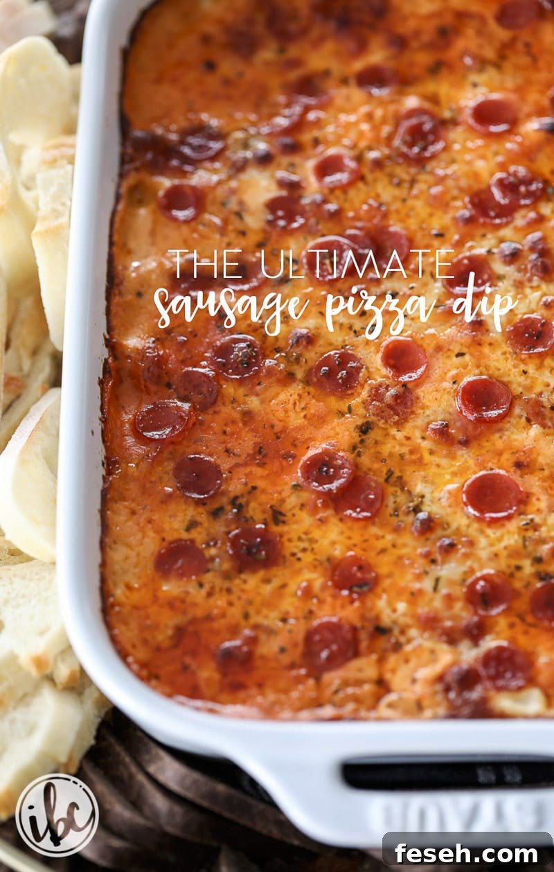 The Ultimate Sausage Pizza Dip appetizer for entertaining. 