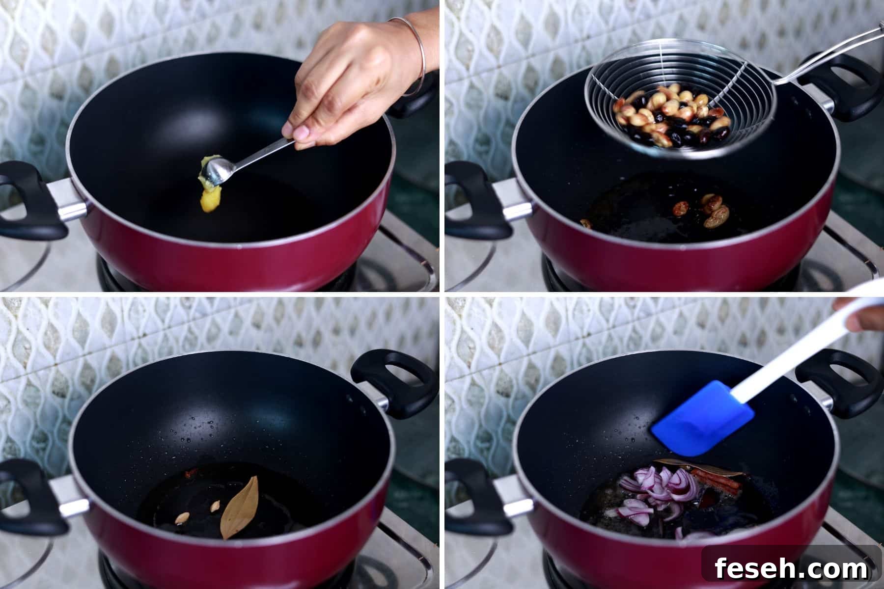 Sautéing raisins in clarified butter, blooming spices (cinnamon, cardamom, cloves, and bay leaf), and caramelizing onions in a pot for chicken pilaf.