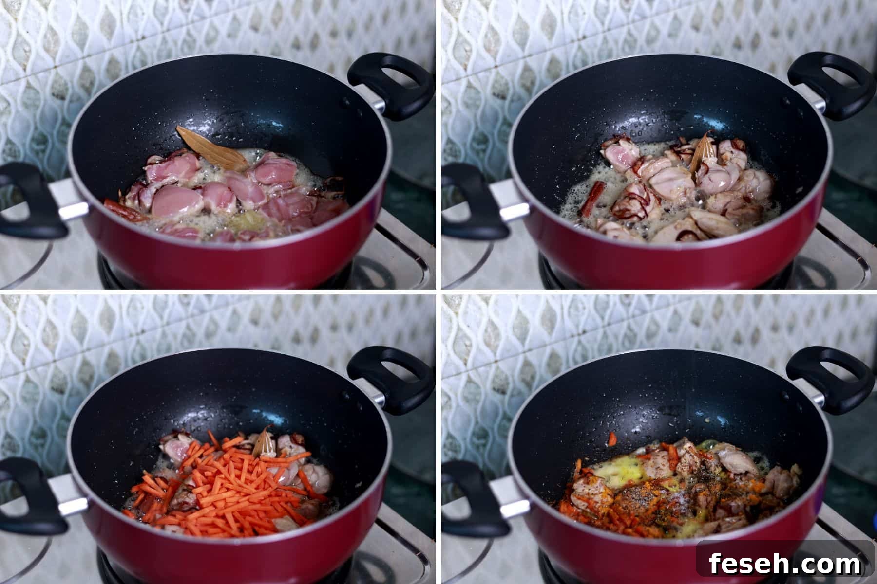 Adding chicken and garlic to the pot, seasoning with cumin, allspice, turmeric, and black pepper, and mixing in julienned carrots for chicken pilaf.