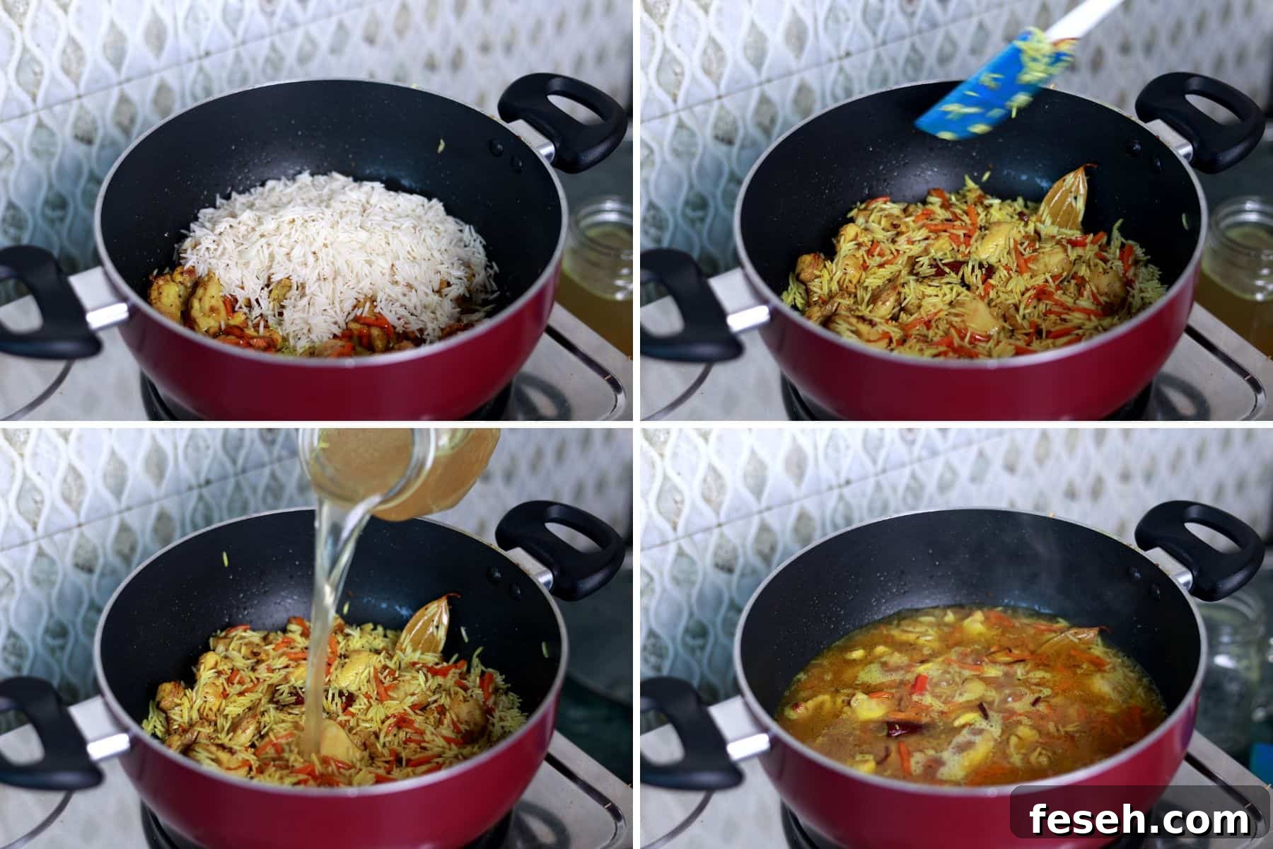 Gently toasting soaked basmati rice in spices and adding chicken stock and chili to the pot for chicken pilaf.