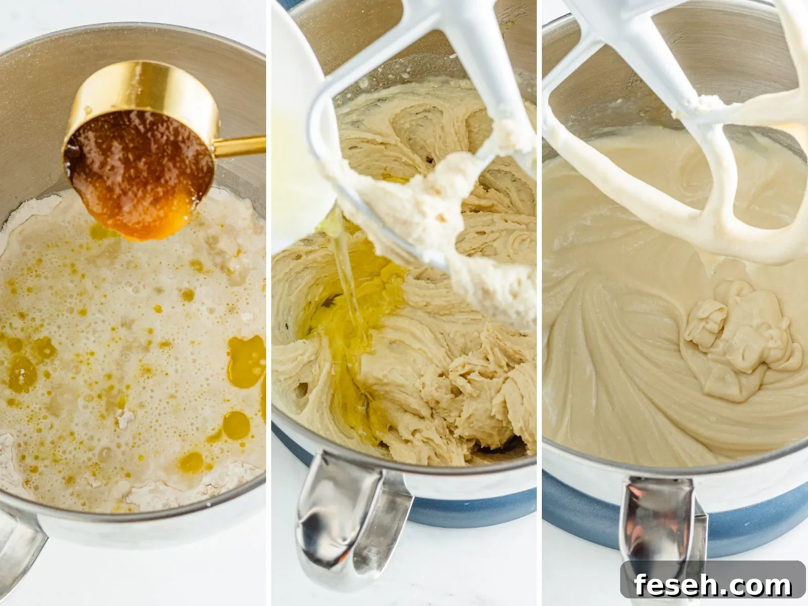 A collage of images showing how to make gluten free bread dough mixing honey and other wet ingredients with the dry ones.