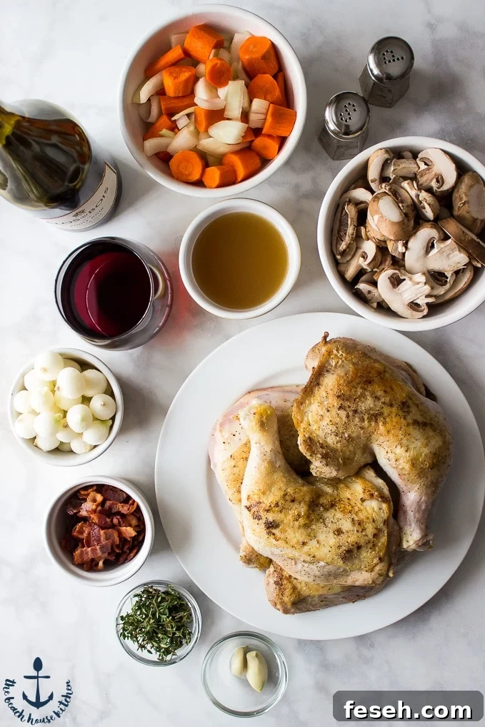 Chicken on a white plate, carrots and onions, bacon, mushrooms, thyme leaves, garlic cloves, pearl onions and chicken broth in white bowls. Salt and pepper shakers, wine glass and red wine.